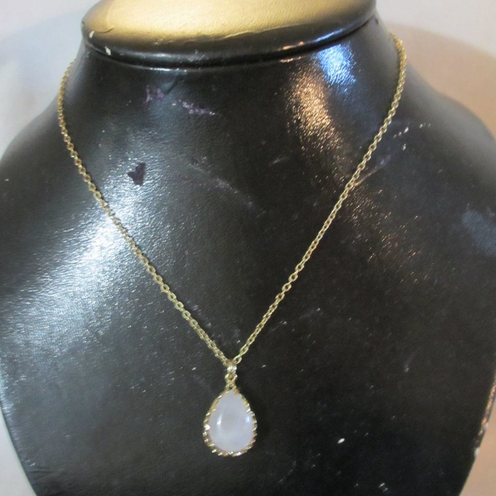Gold Tone Necklace with Pale Pink Quartz Pendant